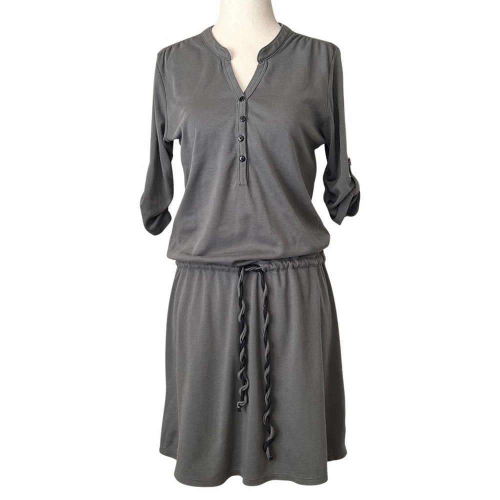 Indigenous 100% Organic Cotton Henley Draswstring Dress - XS - Khaki Green
